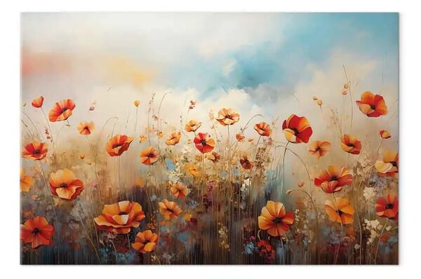 Quadro su tela Papaveri di campo - fiori rossi e arancioni su uno sfondo pittoresco