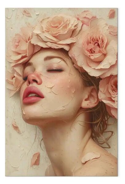 Quadro su tela Sogno del tè - donna con fiori di rosa tra i capelli