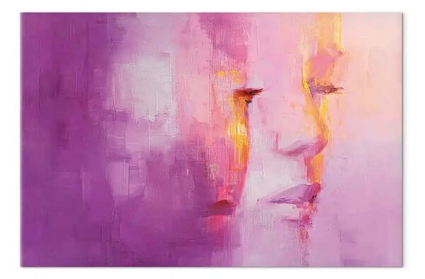 Quadro moderno Volto di rosa - ritratto astratto nei toni del viola e del rosa