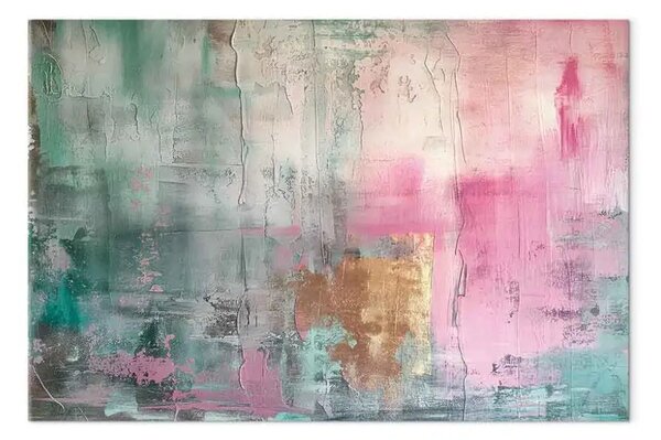 Quadro contemporaneo Sogno pastello - sfumature di rosa, oro e verde astratte