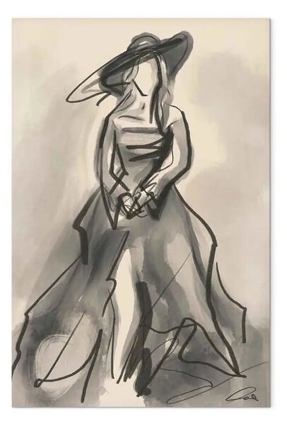 Quadro su tela Eleganza Nera - Silhouette di una donna con cappello e abito con ombre sottili