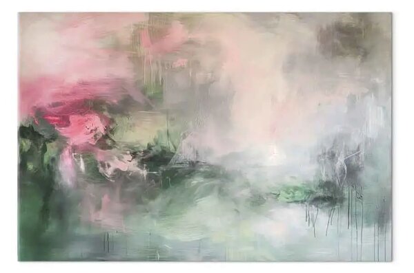 Quadro moderno Alba nebbiosa - rosa e verde in un paesaggio nebbioso