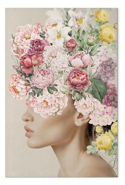 Quadro Corona floreale - profilo di donna con fiori rigogliosi tra i capelli