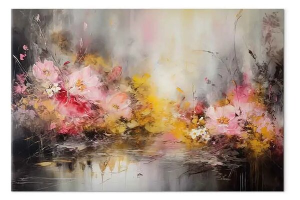 Quadro Stagno floreale - bouquet pastello riflesso nell'acqua