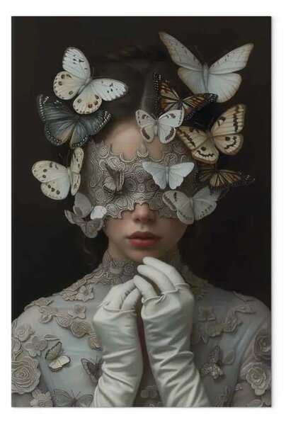 Quadro moderno Mistero delle farfalle - donna con insetti su una maschera
