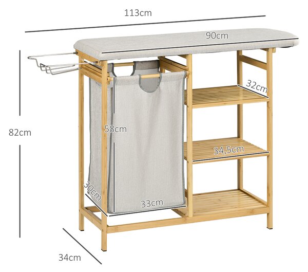 HOMCOM Cestino Portabiancheria in Bambù e Poliestere con Asse da Stiro e Ripiano a 3 Livelli, 113x34x82 cm