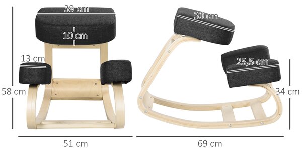 Vinsetto Sedia Ergonomica Posturale con Inginocchiatoio in Legno, funzione di inclinazione e Cuscino, 51x69x58cm, Nero|Aosom Italy