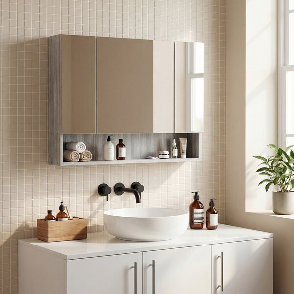 Kleankin Armadietto con Specchio a 4 Sezioni con Ripiani Regolabili, in Legno e Vetro, 90x15x75 cm, Grigio
