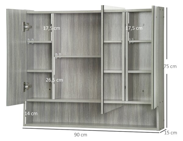 Kleankin Armadietto con Specchio a 4 Sezioni con Ripiani Regolabili, in Legno e Vetro, 90x15x75 cm, Grigio
