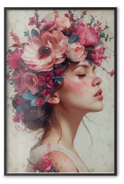 Poster: Sogno floreale - composizione artistica del profilo femminile con corona di fiori