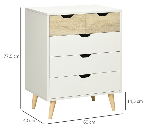 HOMCOM Cassettiera Bianca 5 Cassetti con Maniglie Intagliate in Legno, Cassettiera per Camera da Letto, 60x40x77.5cm, Bianco e Legno | Aosom Italy