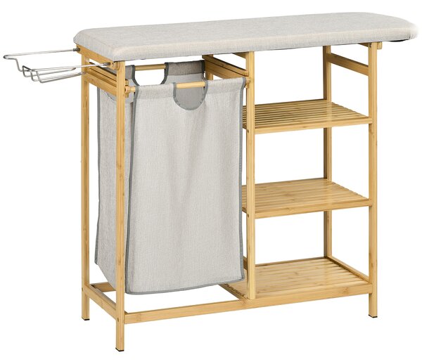 HOMCOM Cestino Portabiancheria in Bambù e Poliestere con Asse da Stiro e Ripiano a 3 Livelli, 113x34x82 cm
