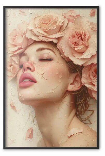 Poster: Delicatezza floreale - ritratto delicato con fiori rosa sul volto
