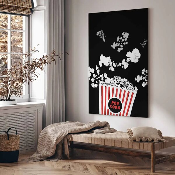 Serata al cinema - illustrazione stilizzata di popcorn in una scatola rosso-bianca