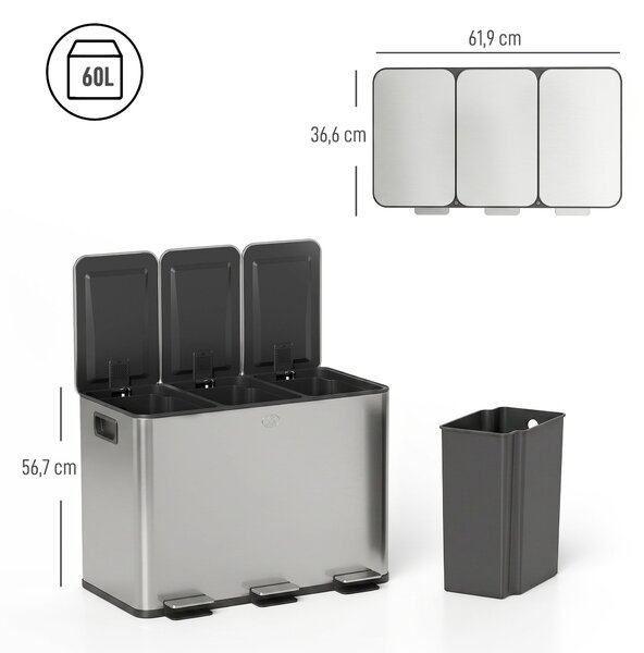 HOMCOM Bidone Immondizia a 3 Sezioni da 20L con Chiusura Silenziosa, in Acciaio Inox e PP, 61.9x36.6x56.7 cm