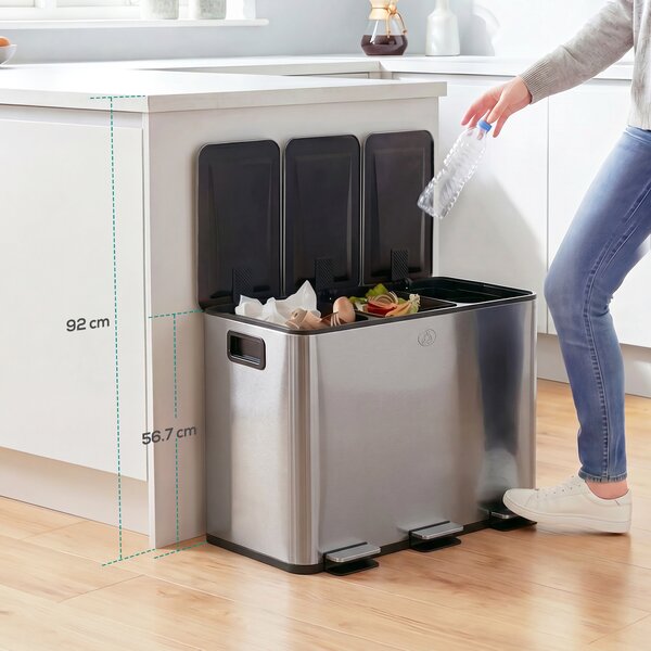 HOMCOM Bidone Immondizia a 3 Sezioni da 20L con Chiusura Silenziosa, in Acciaio Inox e PP, 61.9x36.6x56.7 cm