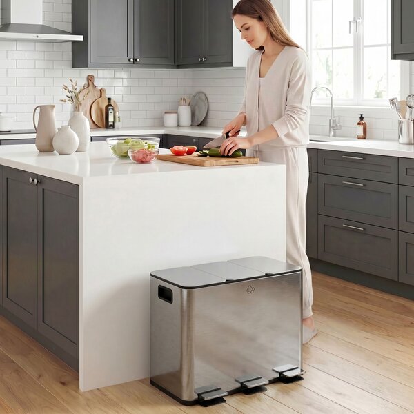 HOMCOM Bidone Immondizia a 3 Sezioni da 20L con Chiusura Silenziosa, in Acciaio Inox e PP, 61.9x36.6x56.7 cm
