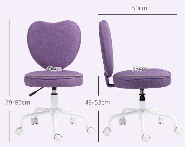 Vinsetto Sedia per Scrivania a Cuore con 5 Rotelle e Altezza Regolabile in Tessuto, 40x50x79-89cm, Viola
