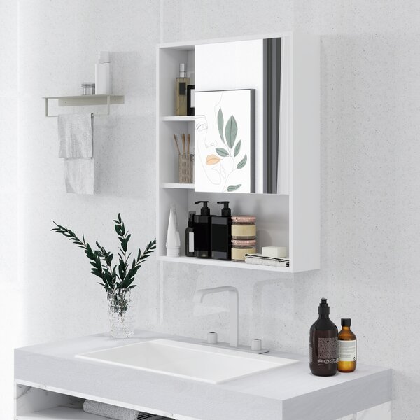 Kleankin Armadietto Bagno con Specchio, Ripiani e Scaffale Regolabile, Montaggio a Parete, 60x15x76cm, Bianco