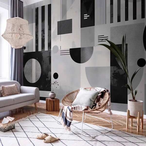 Carta da parati moderna Geometria in bianco e nero - composizione astratta con forme semplici e linee