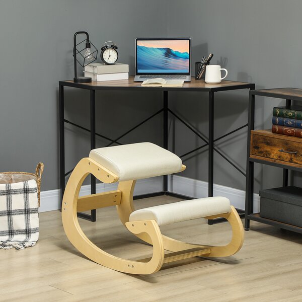 HOMCOM Sedia Inginocchiatoio con Movimento a Dondolo, in Tessuto Effetto Lino e Legno di Betulla, 55x85x55 cm, Crema