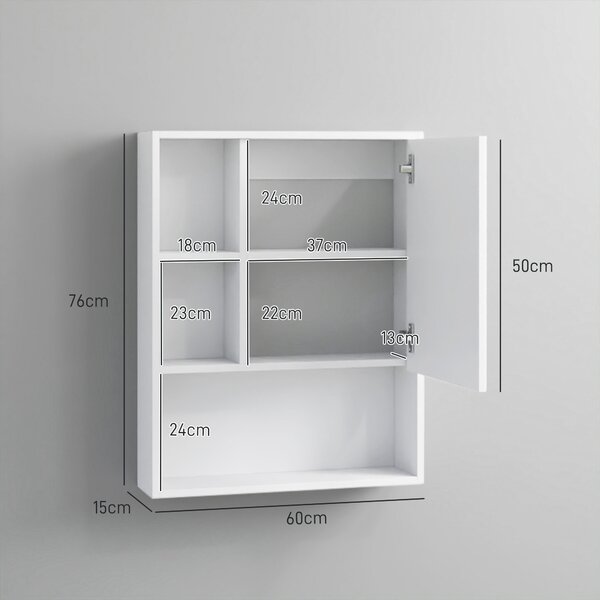Kleankin Armadietto Bagno con Specchio, Ripiani e Scaffale Regolabile, Montaggio a Parete, 60x15x76cm, Bianco