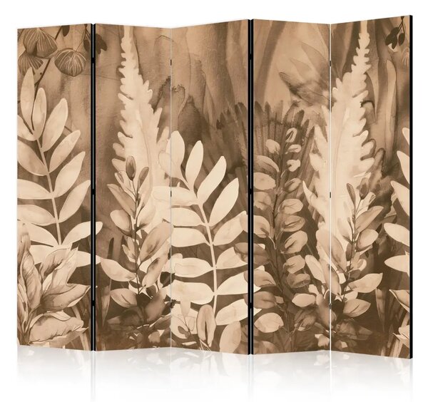 Paravento design Misteri della foresta - elegante disposizione di foglie in tonalità intense