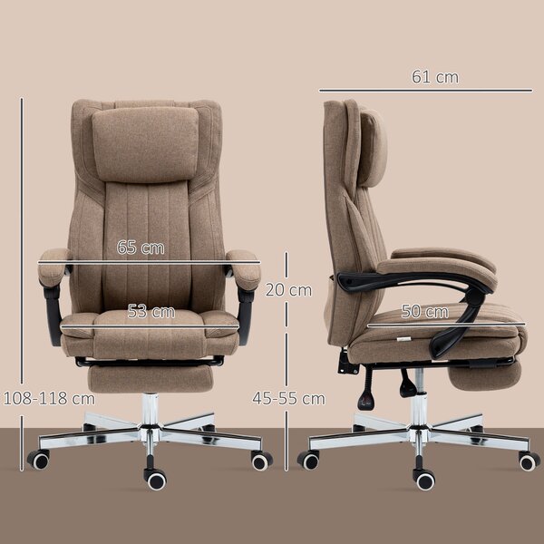 Vinsetto Poltrona da Ufficio Massaggiante con Poggiapiedi e Telecomando, Sedia in Tessuto Effetto Lino, 65x61x105-113 cm, Marrone | Aosom Italy