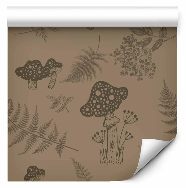 Tappezzerie Funghi forestali - disegno grafico di funghi e foglie su sfondo marrone