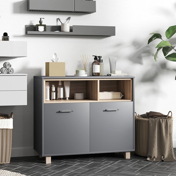 HOMCOM Mobiletto Bagno Moderno con Vani Aperti e Armadietto a 2 Ante, 80x35x70 cm, Grigio