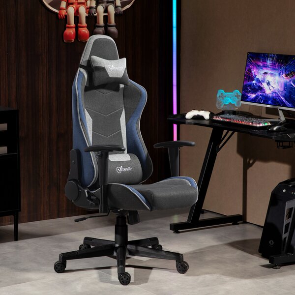 Vinsetto Sedia da Gaming Ergonomica con Funzione Dondolo Reclinabile a 150°, in Tessuto Effetto Lino, 66x53x128-138 cm, Grigio|Aosom Italy