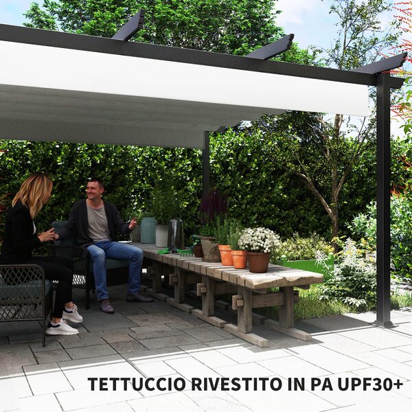 Outsunny Gazebo Pergola 4x4 m con Tettuccio Retrattile, 8 Viti e 8 Picchetti in Alluminio, Poliestere e Metallo, Bianco