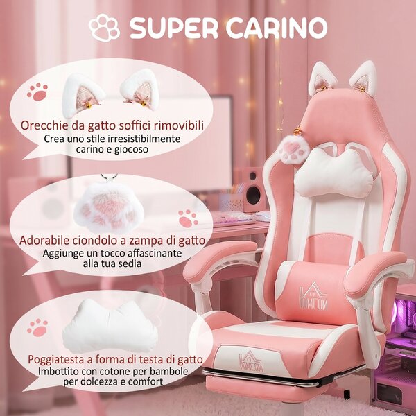 HOMCOM Sedia da Gaming Ergonomica con Orecchie da Gatto, Poggiapiedi, Supporto Lombare e Cervicale, Rosa
