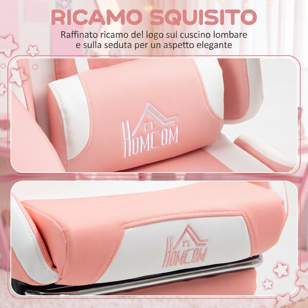 HOMCOM Sedia da Gaming Ergonomica con Orecchie da Gatto, Poggiapiedi, Supporto Lombare e Cervicale, Rosa
