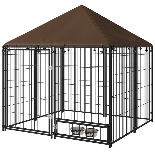 PawHut Recinto per Cani in Metallo e Tessuto Oxford con Porticina per Ciotole, 141x141x151 cm, Nero e Marrone