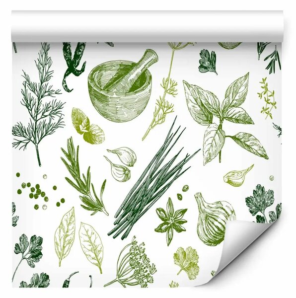 Tappezzerie Necessario culinario - erbe, spezie e verdure minimaliste in tonalità di verde