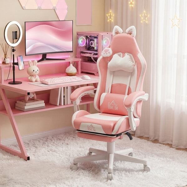 HOMCOM Sedia da Gaming Ergonomica con Orecchie da Gatto, Poggiapiedi, Supporto Lombare e Cervicale, Rosa