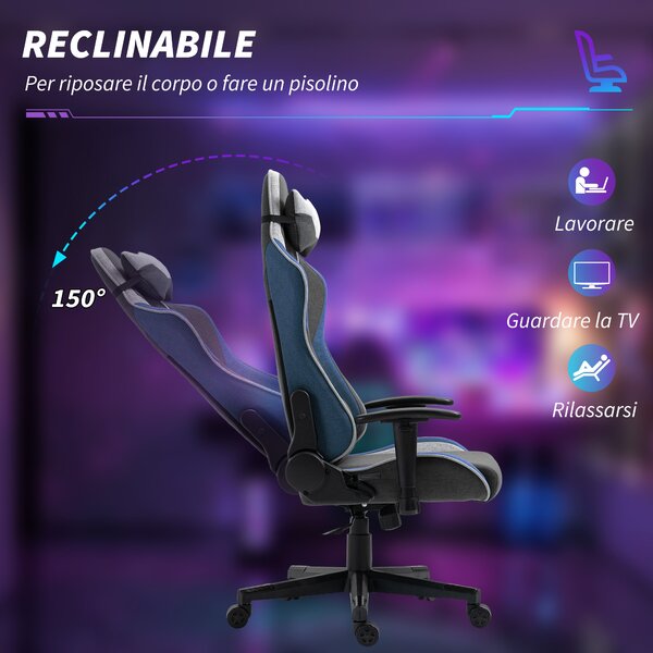 Vinsetto Sedia da Gaming Ergonomica con Funzione Dondolo Reclinabile a 150°, in Tessuto Effetto Lino, 66x53x128-138 cm, Grigio|Aosom Italy