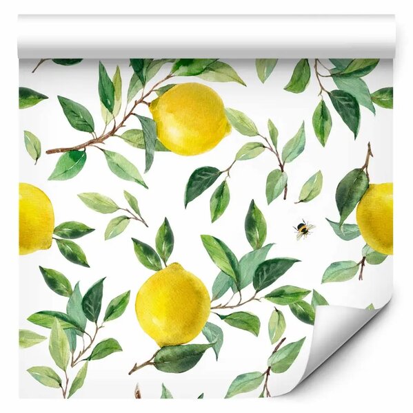 Tappezzerie Frutti solari - limoni su rami con foglie su sfondo bianco