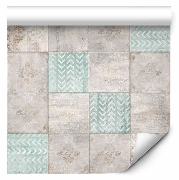Tappezzerie Piastrelle retro - con ornamenti floreali e geometrici in tonalità di beige e verde chiaro