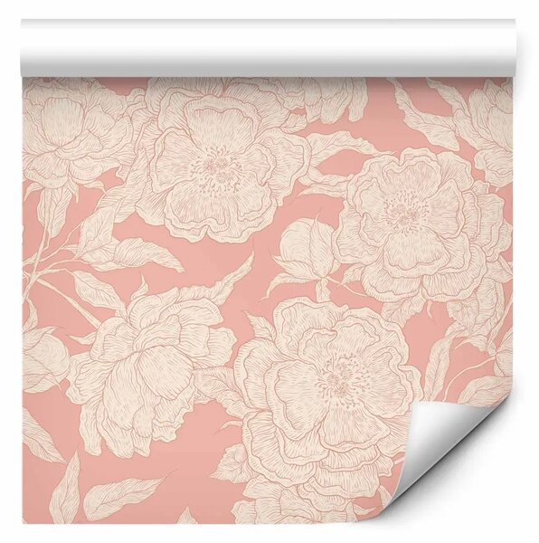 Tappezzerie Giardino di rose - fiori disegnati in modo lineare su sfondo rosa