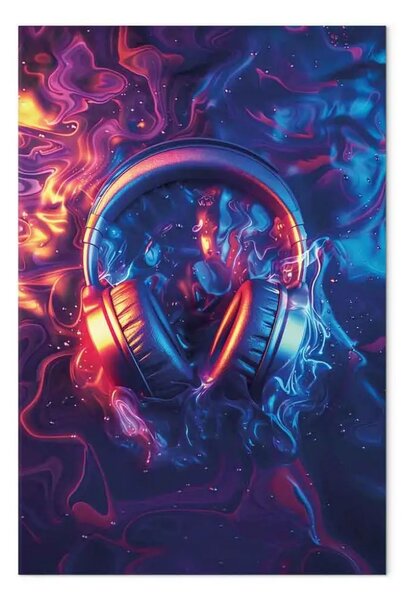 Quadro su tela Onda sonora - cuffie circondate da effetti luminosi neon e fluidi