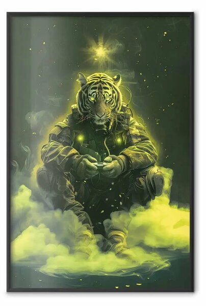 Poster: Guerriero tigre - animale in uniforme militare circondato da fumo verde