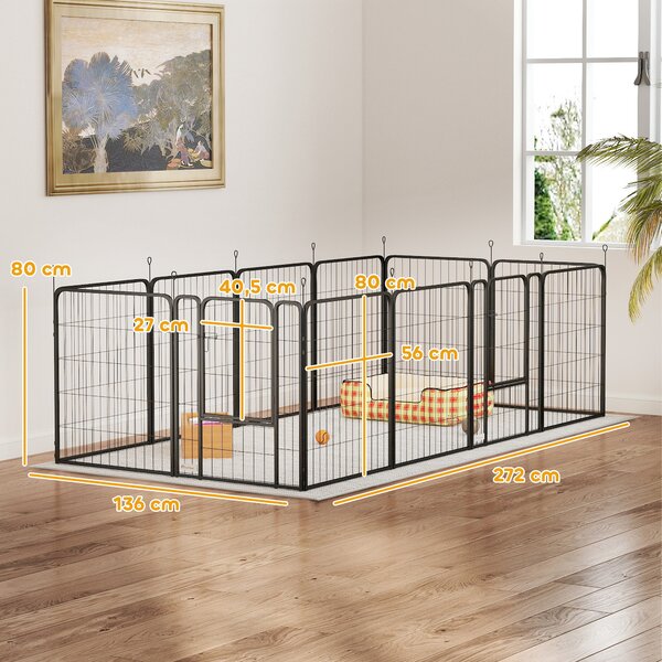 PawHut Recinto per Cani a 12 Pannelli Modulabili da 68x1.5x80cm in Acciaio Nero con Porta di Ingresso