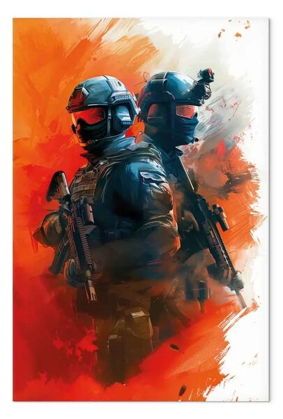 Quadro su tela Duetto ben riuscito - soldati in completo equipaggiamento sullo sfondo di un campo di battaglia infuocato
