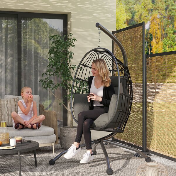 Outsunny Poltrona Sospesa a Uovo con Gancio Regolabile, 2 Cuscini e Cesto, in Acciaio, 120x88x192 cm, Nero e Grigio