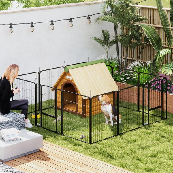 PawHut Recinto per Cani a 12 Pannelli Modulabili da 68x1.5x80cm in Acciaio Nero con Porta di Ingresso