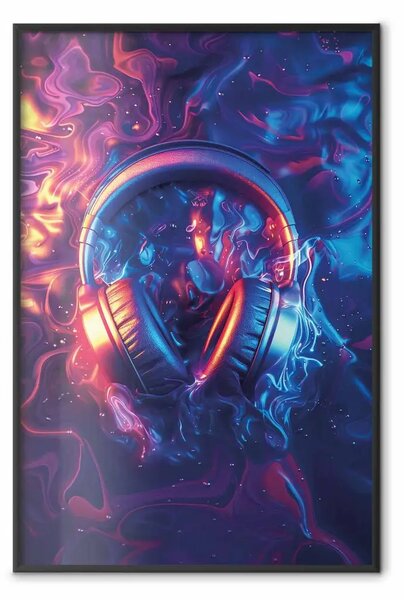 Poster: Musica al neon - cuffie circondate da acqua vibrante e luminosa