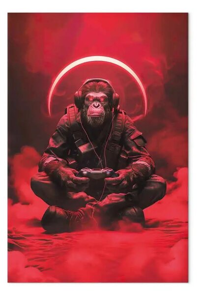 Quadro Guerriero rosso - scimpanzé con cuffie e controller circondato da fumo