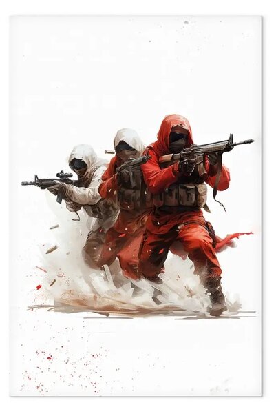 Quadro Attacco delle ombre - tre soldati in azione con uniformi rosse e bianche